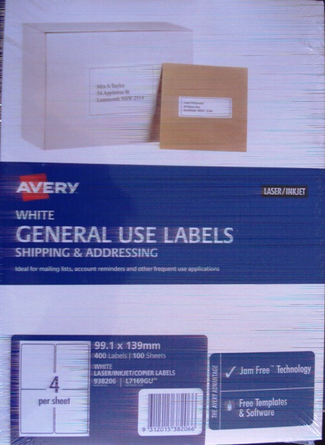 Avery 938206 L7169GU White Laser Label 99.1x139mm Box 400